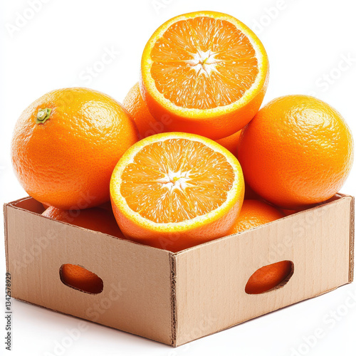 Fresh oranges in cardboard box on white background