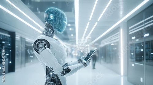 White Robot with Glowing Blue Data in a Modern Server Room Data Center Hallway Environment Clean Modern Architectural Setting Showing Progress And Advancement of the Smart Technology Automation