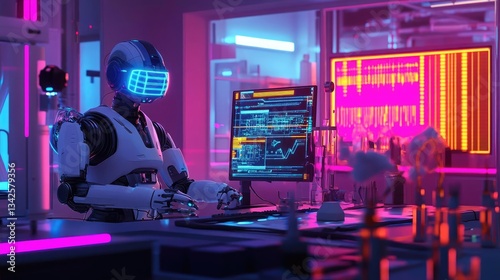 White Robot Working at a Futuristic Computer in a Neon Lit Laboratory