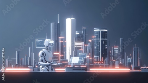 White Robot Working in Futuristic City at Night