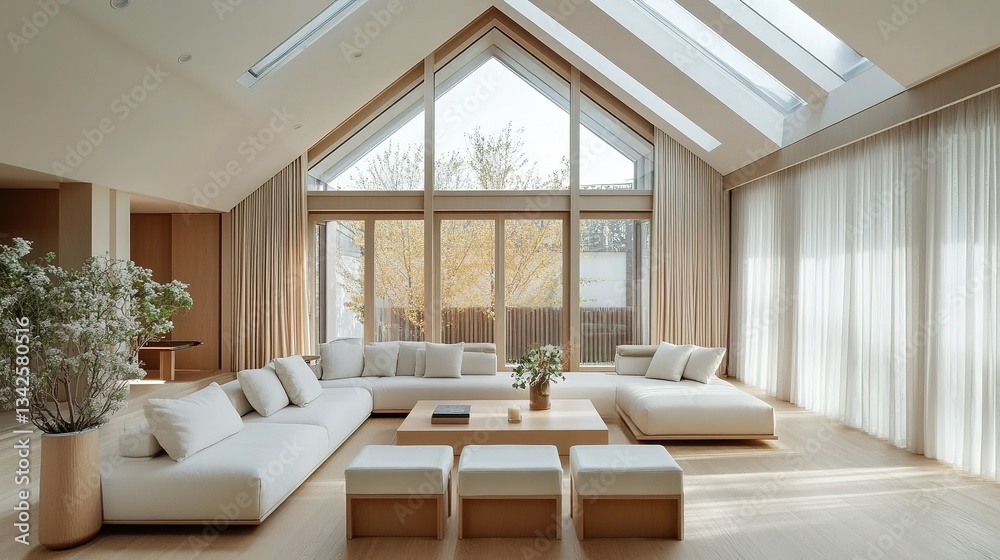 Fototapeta premium Elegant contemporary living room design with large windows and natural light