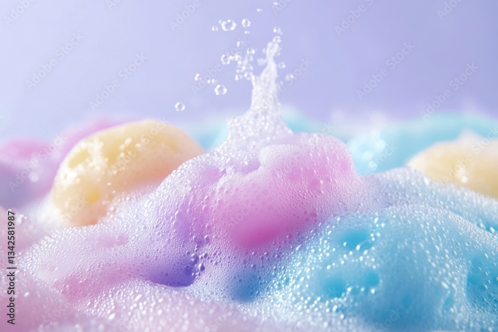 Fototapeta premium Abstract Pastel Colored Soapy Foam with Splashes, Liquid Explosion, Bubbly Texture, Bath Bomb Fizz