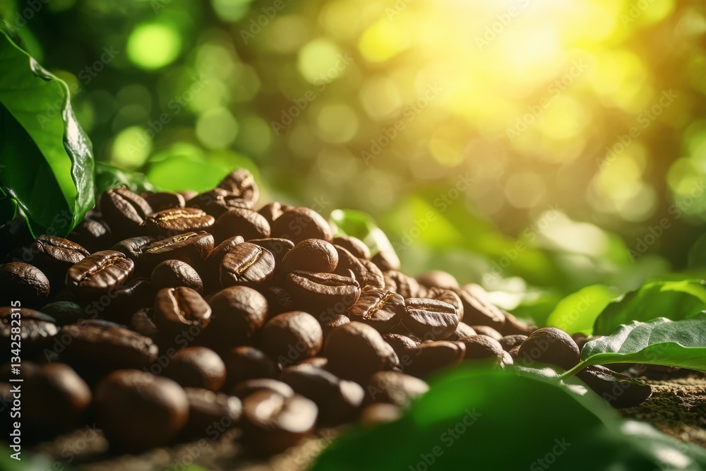 Obraz premium Fresh Roasted Coffee Beans Pile in Lush Green Farm Setting with Sunlight