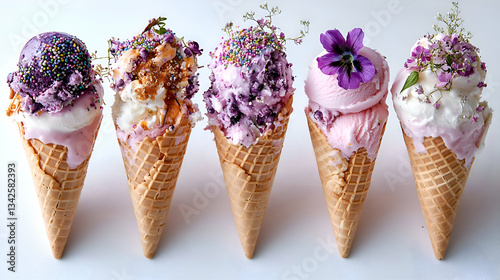 Five Colorful Ice Cream Cones with Various Flavors and Decorative Toppings on White Background