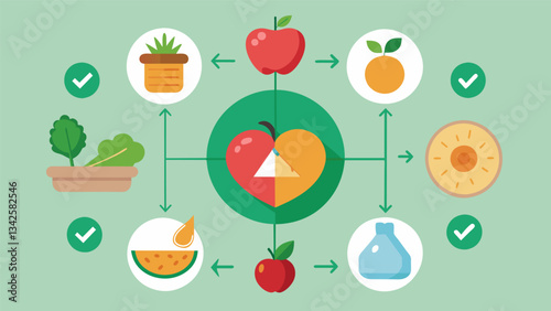 A holistic nutrition plan that takes into account not just what we eat but also how we eat emphasizing the importance of a positive relationship with food for optimal health.. Vector illustration