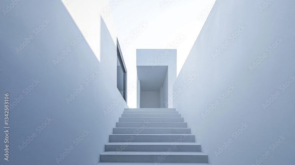 Modern minimalist architectural stairway in a bright, spacious interior. A hallway leads to a light-filled space, with clean lines and minimalist design elements Modern minimalist architectural stairway in a bright, spacious interior. A hallway leads to a light-filled space, with clean lines and minimalist design elements