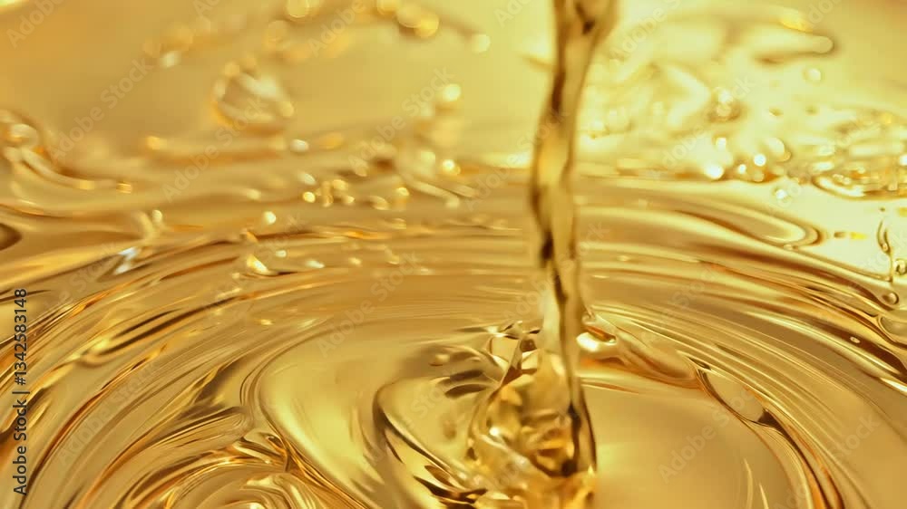 Golden Liquid Pouring Stream, Abstract Fluid Motion, Ripple Effect, Honey Flow, Viscosity, Glossy Texture, Close Up Shot 4K.