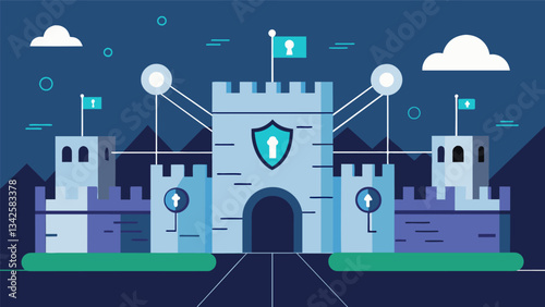 An encrypted fortress with its intricate network of tunnels and gates safeguarding data against any unauthorized access.. Vector illustration