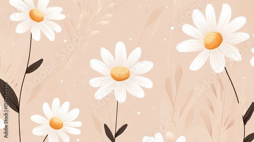 Tiny white daisies flower on a light brown background, a simple flat illustration style, a pattern design for a phone case or wallpaper, seamless.