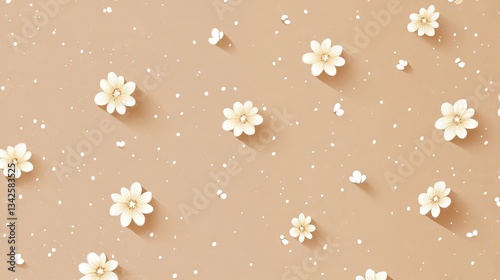 Tiny white daisies flower on a light brown background, a simple flat illustration style, a pattern design for a phone case or wallpaper, seamless.