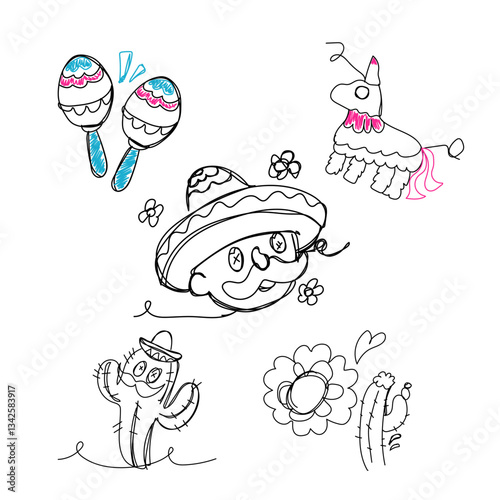 mexico themed element doodle vector illustration, line brush. Element, hand lettering. Vector hand doodle
