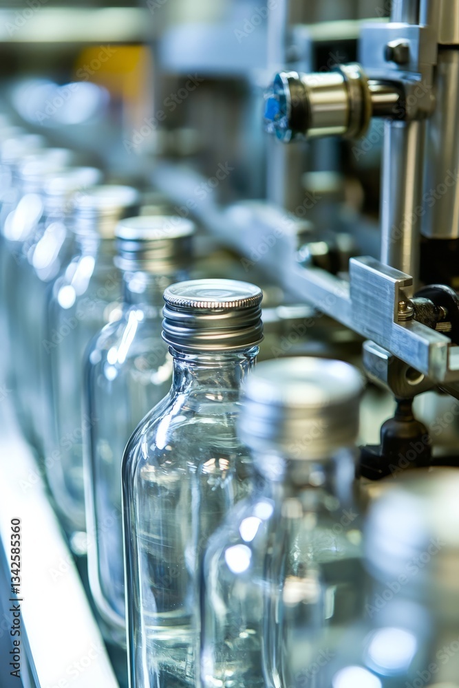 Bottling machines fill glass jars. Labels are applied with precision Bottling machines fill glass jars. Labels are applied with precision