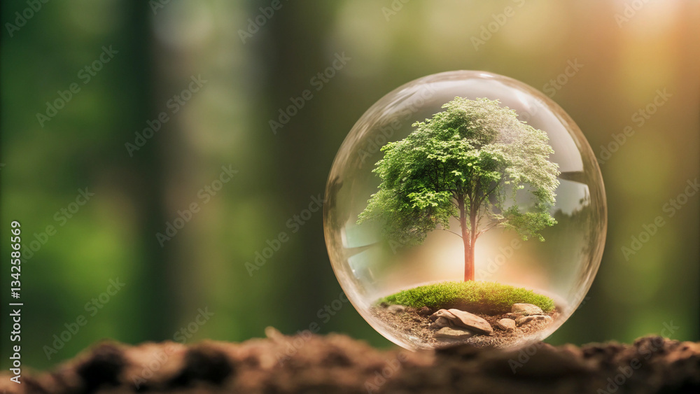 Earth day, miniature tree protected within a glass sphere, symbolizing environmental preservation. Earth day, miniature tree protected within a glass sphere, symbolizing environmental preservation.