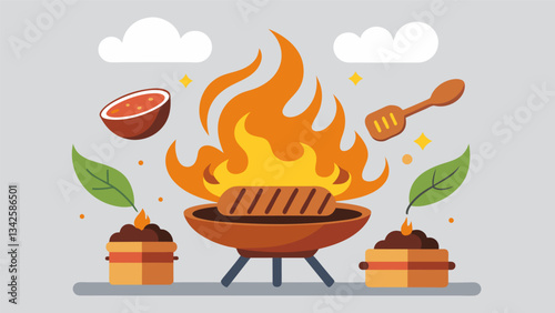 The aroma of smoky grilled meats lingers in the air tempting diners to indulge in the mouthwatering offerings.. Vector illustration
