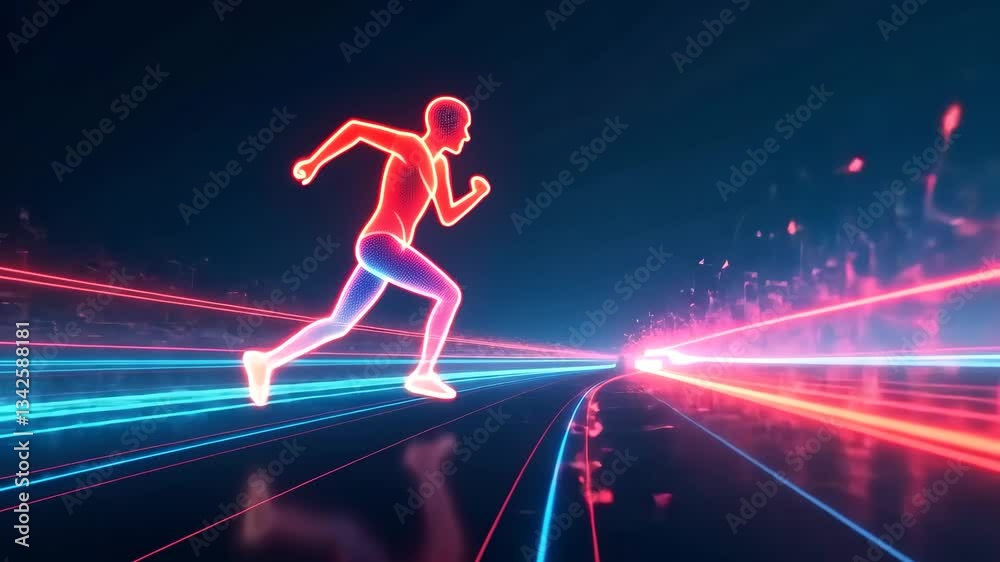 Glowing Digital Figure Running Through Futuristic Neon Landscape with Vibrant Lines and Abstract Shapes Creating Dynamic and Energetic Scene of Speed and Motion Glowing Digital Figure Running Through Futuristic Neon Landscape with Vibrant Lines and Abstract Shapes Creating Dynamic and Energetic Scene of Speed and Motion