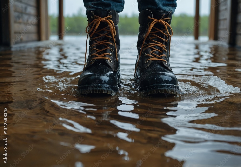 Exploration in Wetland: Walking Boots Tread Flooded Terrain After Storm Exploration in Wetland: Walking Boots Tread Flooded Terrain After Storm