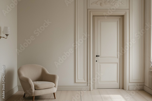 Modern Scandinavian home living room interior with an elegant armchair, white walls, and a door in a minimalist style
