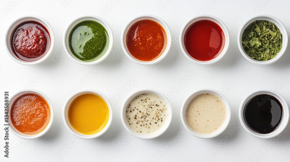 A vibrant array of colorful sauces in small bowls on a white background. A vibrant array of colorful sauces in small bowls on a white background.