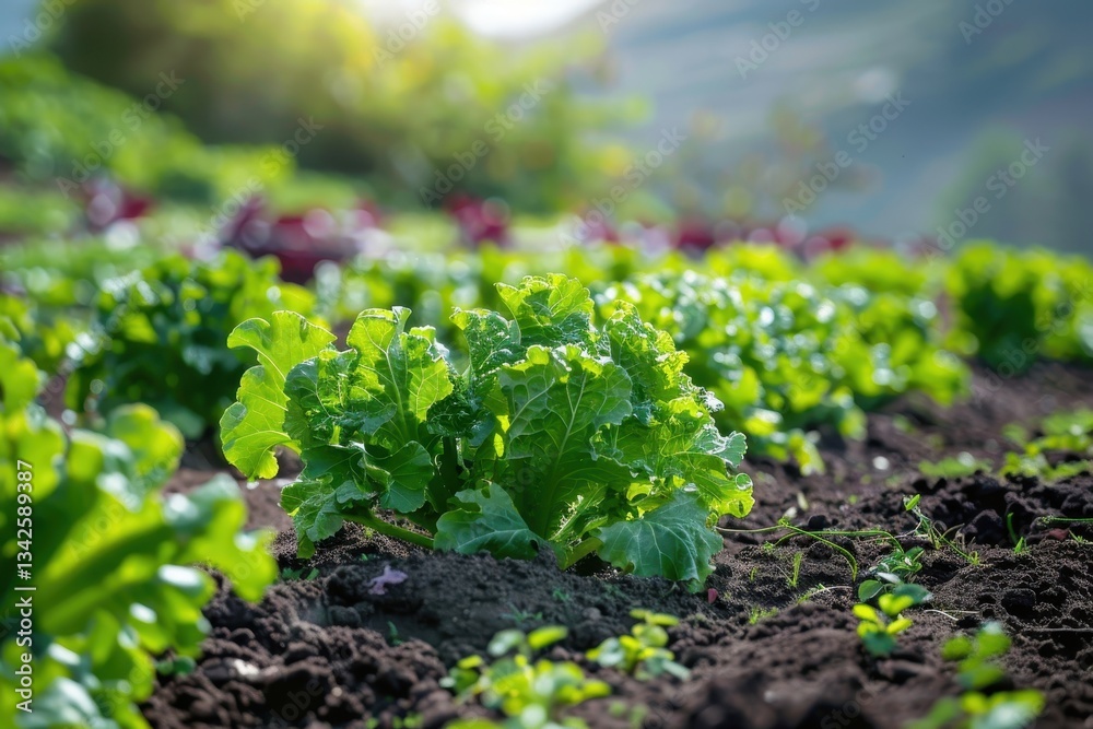 Fresh lettuce growing in a vibrant garden under warm sunlight on a clear day in the countryside Fresh lettuce growing in a vibrant garden under warm sunlight on a clear day in the countryside