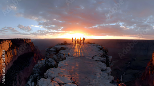 Group of Friends Standing at the Edge of a Canyon Watching the Sunset Over a Vast Landscape
