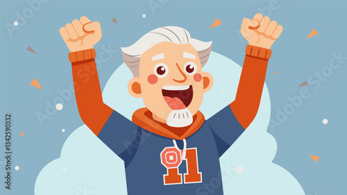 A baby boomer clad in a school sweatshirt proudly cheers on their colleges sports team at a rowdy game feeling a surge of school spirit.. Vector illustration