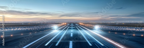 Aerial view of an illuminated airport runway with dynamic motion trails and landing lights against a dramatic sky at dusk