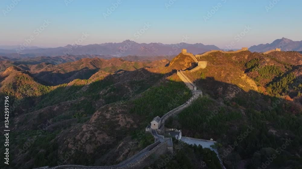 Sunrise drone over the Jinshanling section of the Great Wall of China