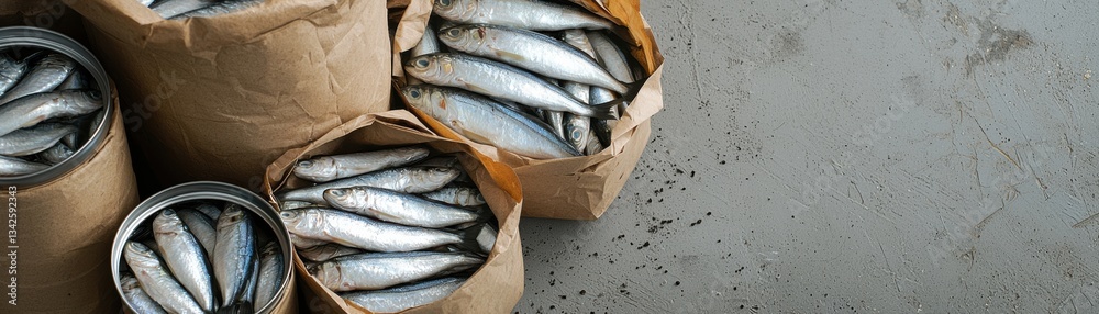 Freshly packed fish in brown paper bags, showcasing quality seafood products. Freshly packed fish in brown paper bags, showcasing quality seafood products.