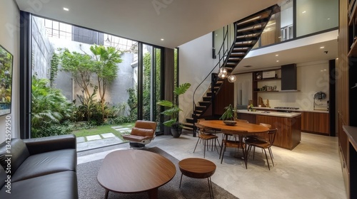 Open-plan modern home with a courtyard.  Light-filled interior design featuring a seamless flow between living, dining, and kitchen areas.  Outdoor living space integrated with interior