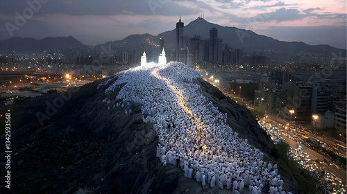 Large Crowd of Pilgrims Draped in White Descending a Mountain During Evening in Makkah photo
