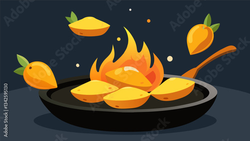 Plump pieces of mang cake fry in hot oil the sweet aroma of ripe plantains wafting through the air as they cook.. Vector illustration