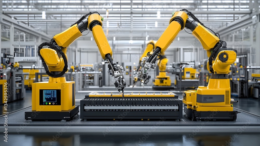 Automated industrial robotic arms operating in a modern computerized factory setting showcasing advanced manufacturing technologies and industrial IoT Automated industrial robotic arms operating in a modern computerized factory setting showcasing advanced manufacturing technologies and industrial IoT