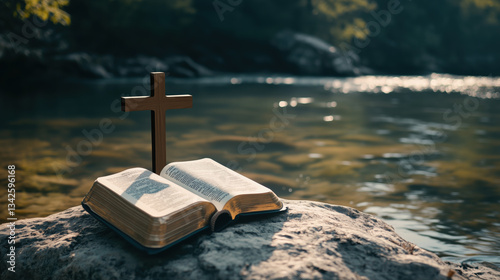 Christian Symbol of Faith: Cross and Bible on a Rock by a River, Spiritual Reflection in the Outdoors, Peaceful Nature Setting with Sacred Objects and Calm Waters