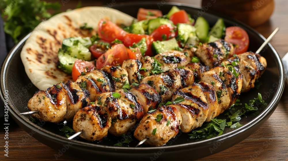 Succulent chicken kebabs marinated in aromatic herbs, served with warm pita bread and a refreshing Greek salad of crisp vegetables, tomatoes, and cucumbers, a testament to the vibrant flavors of Succulent chicken kebabs marinated in aromatic herbs, served with warm pita bread and a refreshing Greek salad of crisp vegetables, tomatoes, and cucumbers, a testament to the vibrant flavors of