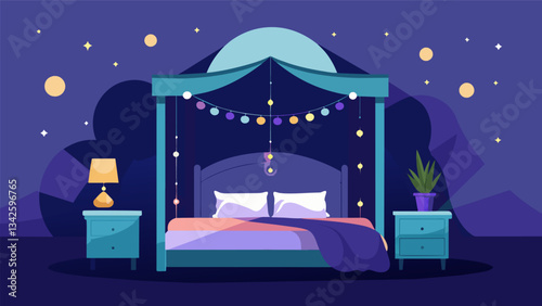 A dreamy bedroom with a canopy bed and fairy lights encouraging a peaceful nights sleep without the temptation of scrolling through notifications.. Vector illustration