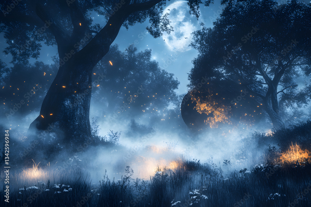 Fototapeta premium Night Forest: Moonlit Mystery, Glowing Embers