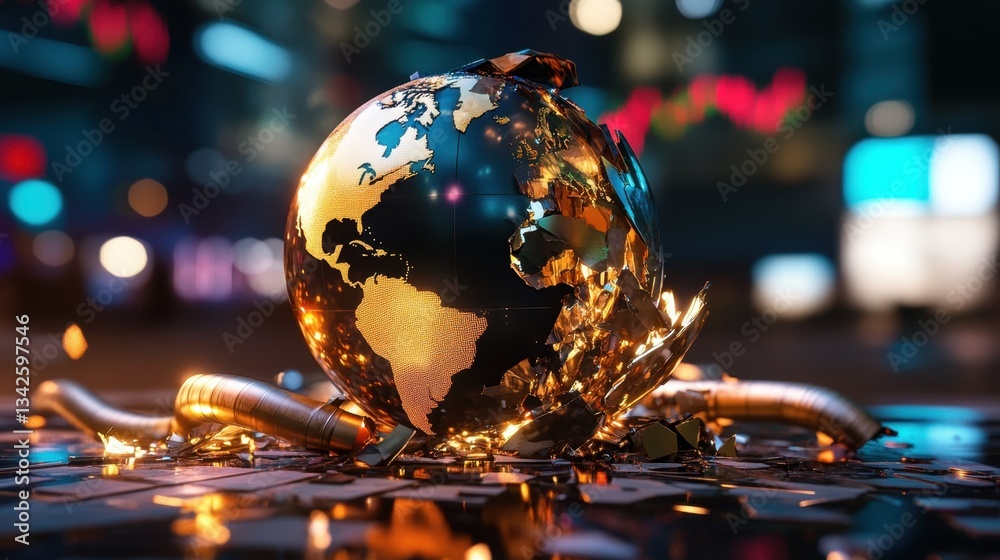 A shattered globe with glowing elements, symbolizing a fragmented world amidst a futuristic, digital backdrop. A shattered globe with glowing elements, symbolizing a fragmented world amidst a futuristic, digital backdrop.