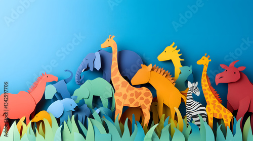 Colorful Paper Animal Cutouts in Blue Jungle Background Whimsical Kids Illustration