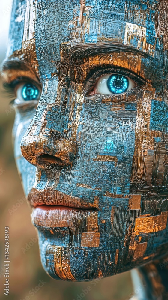 A close-up of a futuristic human face with metallic features and bright blue eyes, blending technology and artistry. A close-up of a futuristic human face with metallic features and bright blue eyes, blending technology and artistry.