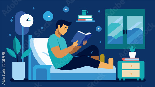 A man turning off all electronic devices and settling into bed with a book allowing his mind to unwind before falling asleep.. Vector illustration