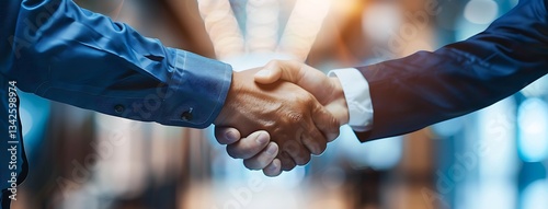 Businessmen shaking hands on a blurred office background, a business concept banner with a copy space area for text and message, close-up. Copy space.