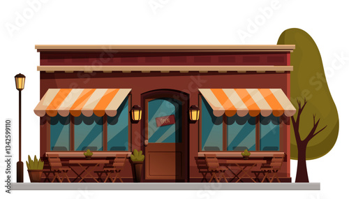 cartoon street cafe with furniture, vector illustration