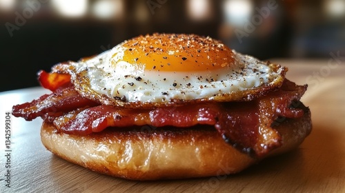 A golden halo of fried eggs rested atop crisp bacon, while a rich aroma of dark coffee wafted through the air, promising a perfect start to the day.