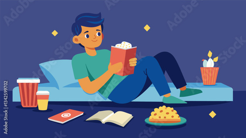 A student lounges on their bed snacking on handfuls of popcorn while reviewing flashcards.. Vector illustration