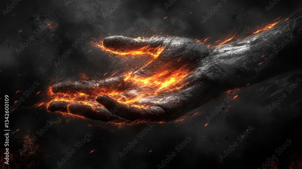 Naklejka premium A fiery hand reaches out from darkness, embodying power and intensity, surrounded by swirling embers and smoke.