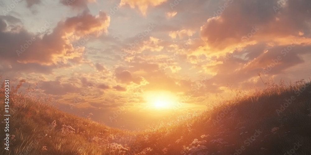 Obraz premium A Beautiful Sunset Illuminates a Grassy Hill and the Sky Above