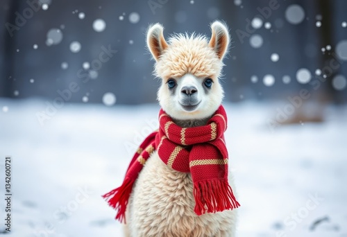 Cute Alpaca Wearing Red Scarf in Snowy Winter Landscape Portrait