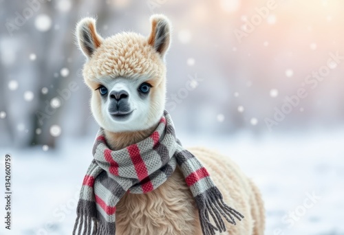 Cute Alpaca Wearing Scarf Enjoying Winter Snowfall in Snowy Landscape