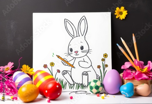 Drawing Easter Bunny with Colorful Eggs and Flowers for Holiday Celebration