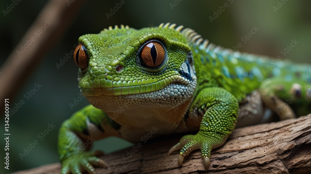 Fototapeta premium Close-up of a vibrant green gecko on a branch. Detailed view of its scales, eyes, and limbs